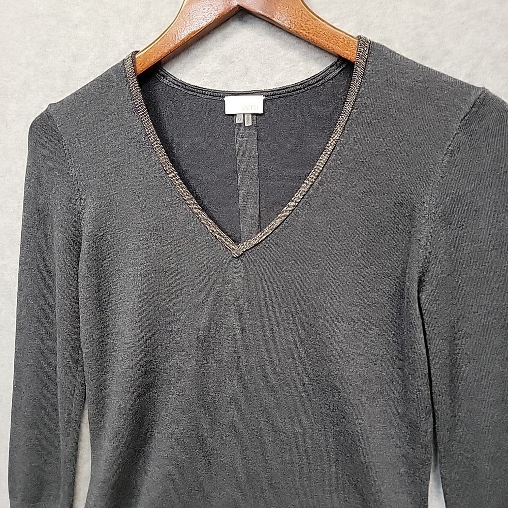 ECRU Women Sz XS Sweater Silver Mesh V-Neck Silk Wool Blend Gray Long Sleeve EUC